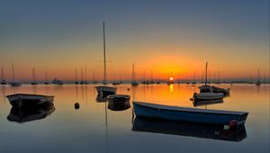 Preview wallpaper boats, masts, lake, sunset, horizon