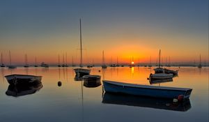 Preview wallpaper boats, masts, lake, sunset, horizon