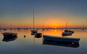 Preview wallpaper boats, masts, lake, sunset, horizon