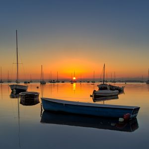 Preview wallpaper boats, masts, lake, sunset, horizon