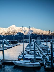 Preview wallpaper boats, masts, mountains, snow, bay