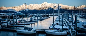 Preview wallpaper boats, masts, mountains, snow, bay