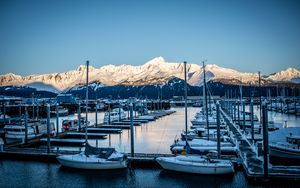 Preview wallpaper boats, masts, mountains, snow, bay