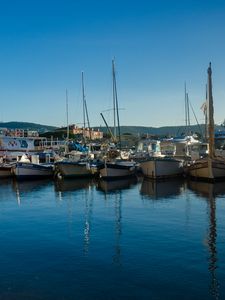 Preview wallpaper boats, masts, pier, water