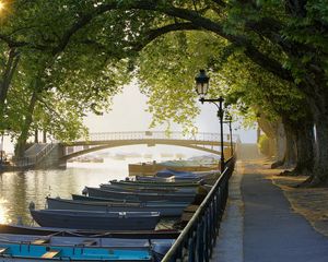 Preview wallpaper boats, mooring, row, channel, bridge, france, embankment