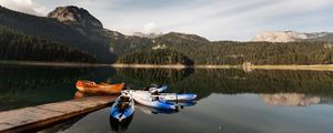 Preview wallpaper boats, mountains, lake, pier, starry sky, stars