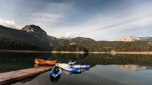 Preview wallpaper boats, mountains, lake, pier, starry sky, stars