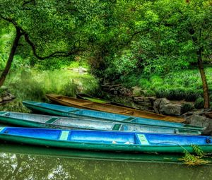 Preview wallpaper boats, multi-coloured, coast, greens, trees, stones
