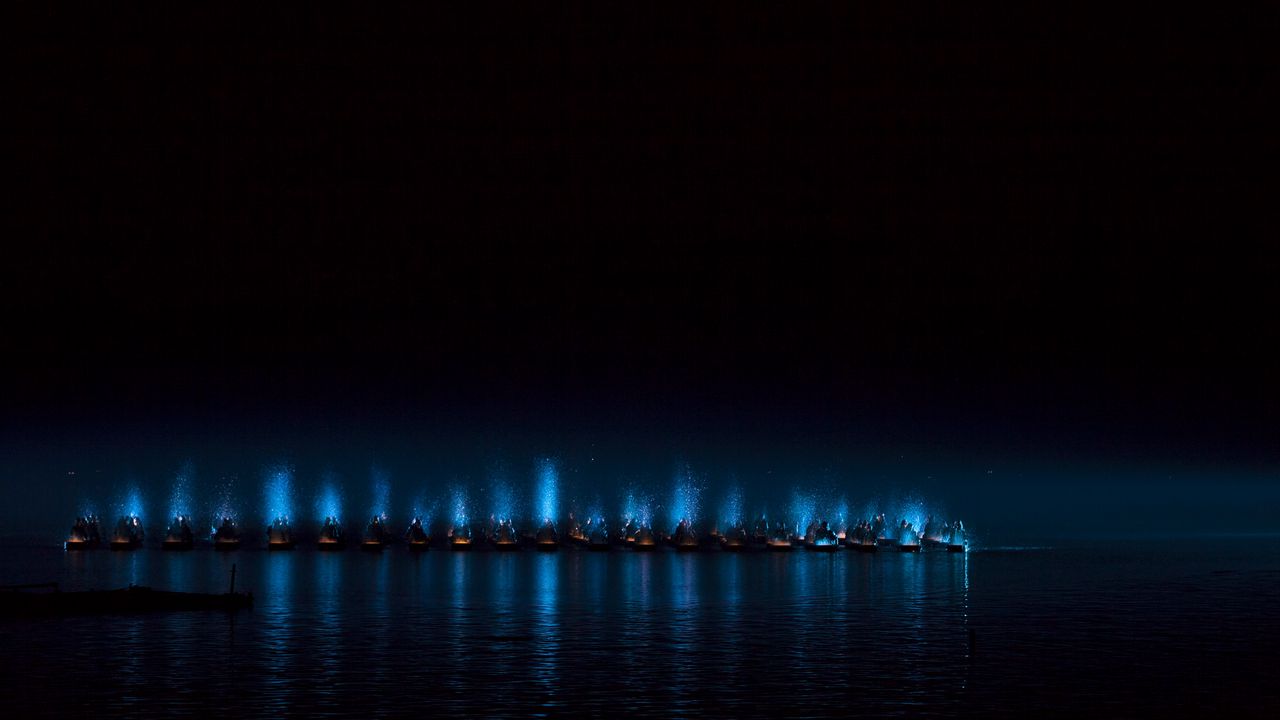 Wallpaper boats, people, sea, night