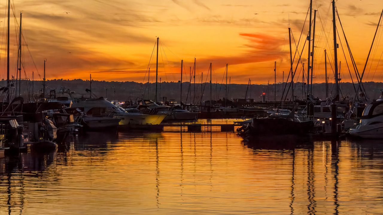 Wallpaper boats, pier, bay, masts, sunset