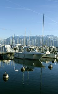 Preview wallpaper boats, pier, bay, masts, sea, mountains