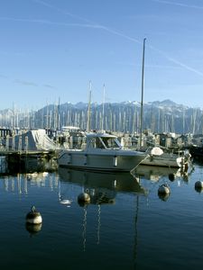 Preview wallpaper boats, pier, bay, masts, sea, mountains