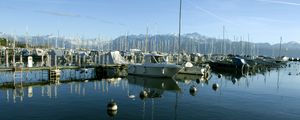 Preview wallpaper boats, pier, bay, masts, sea, mountains