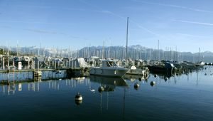 Preview wallpaper boats, pier, bay, masts, sea, mountains