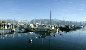 Preview wallpaper boats, pier, bay, masts, sea, mountains