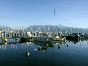 Preview wallpaper boats, pier, bay, masts, sea, mountains