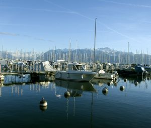 Preview wallpaper boats, pier, bay, masts, sea, mountains