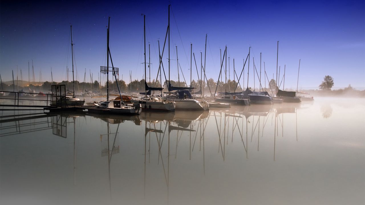 Wallpaper boats, pier, fog, water smooth surface, sailing vessels, morning
