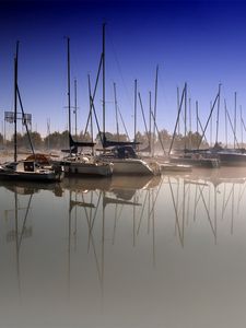 Preview wallpaper boats, pier, fog, water smooth surface, sailing vessels, morning