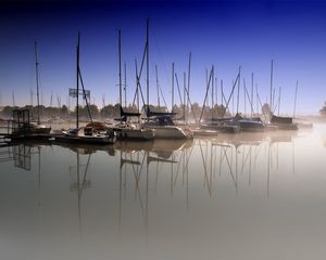 Preview wallpaper boats, pier, fog, water smooth surface, sailing vessels, morning