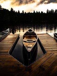 Preview wallpaper boats, pier, lake, forest, clouds