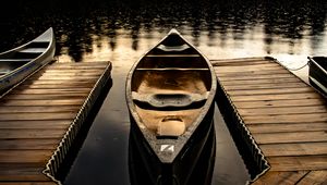 Preview wallpaper boats, pier, lake, forest, clouds