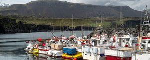 Preview wallpaper boats, pier, lake, mountains