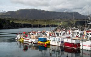Preview wallpaper boats, pier, lake, mountains