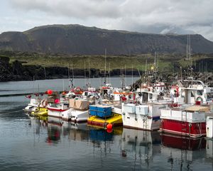 Preview wallpaper boats, pier, lake, mountains