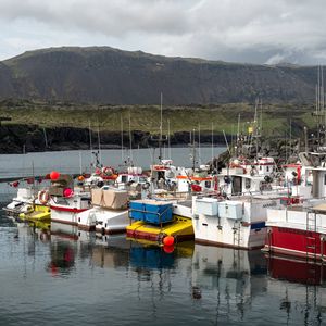 Preview wallpaper boats, pier, lake, mountains