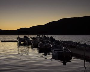 Preview wallpaper boats, pier, lake, dusk