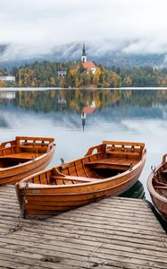 Preview wallpaper boats, pier, lake, trees, chapel
