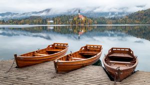 Preview wallpaper boats, pier, lake, trees, chapel