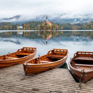 Preview wallpaper boats, pier, lake, trees, chapel
