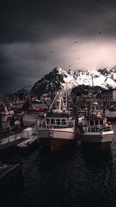 Preview wallpaper boats, pier, mountains, birds, snow covered