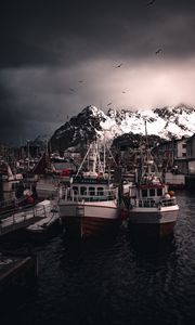 Preview wallpaper boats, pier, mountains, birds, snow covered