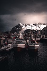 Preview wallpaper boats, pier, mountains, birds, snow covered