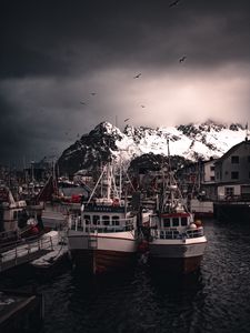 Preview wallpaper boats, pier, mountains, birds, snow covered