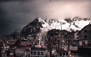 Preview wallpaper boats, pier, mountains, birds, snow covered