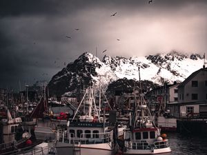 Preview wallpaper boats, pier, mountains, birds, snow covered