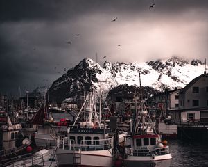 Preview wallpaper boats, pier, mountains, birds, snow covered