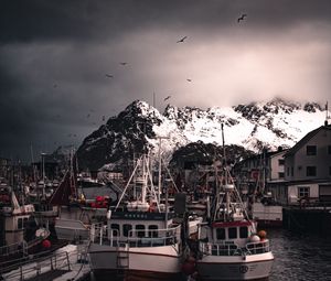 Preview wallpaper boats, pier, mountains, birds, snow covered