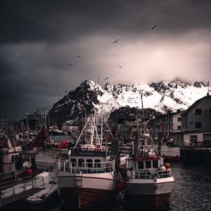 Preview wallpaper boats, pier, mountains, birds, snow covered