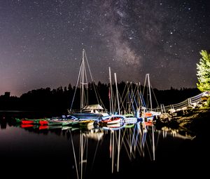 Preview wallpaper boats, pier, river, night, milky way