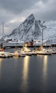 Preview wallpaper boats, pier, sea, mountains, snow