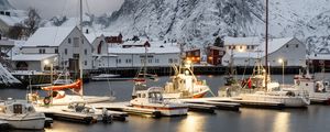 Preview wallpaper boats, pier, sea, mountains, snow