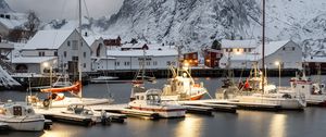 Preview wallpaper boats, pier, sea, mountains, snow