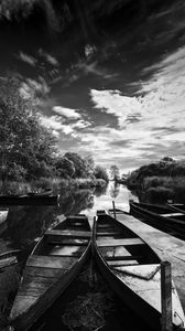 Preview wallpaper boats, pond, trees, bw