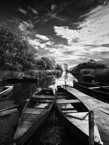 Preview wallpaper boats, pond, trees, bw