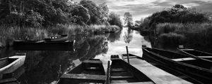 Preview wallpaper boats, pond, trees, bw